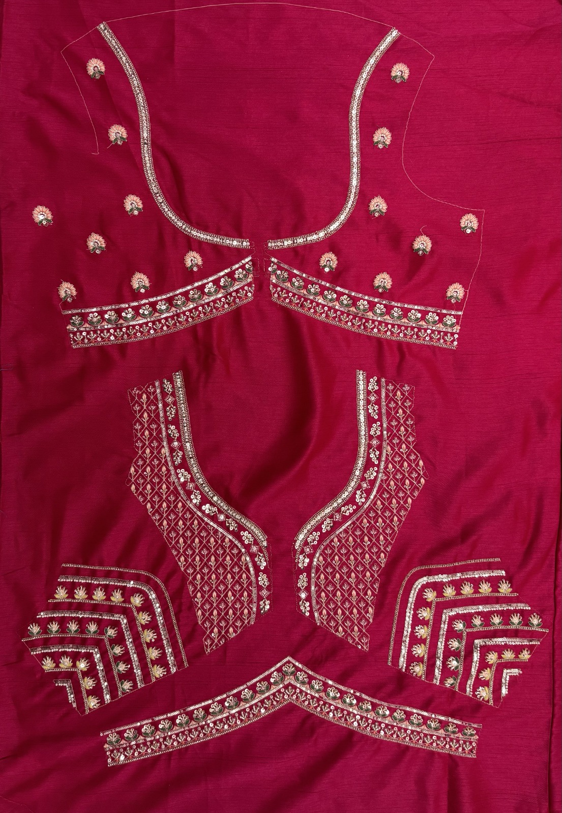 Rani-Pink Silk Floral Pattern using Beads, Golden Sequins-Thread Handwork Bridal Semi-Stitched Lehenga Choli